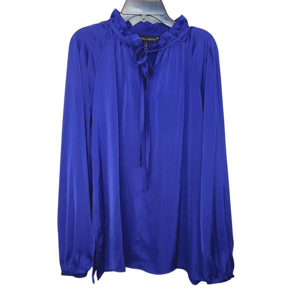 NEW Ming Wang Top Ruffled Tie Keyhole Neck Crepe De Chine Blouse Deep Sky Sz S - Picture 2 of 15
